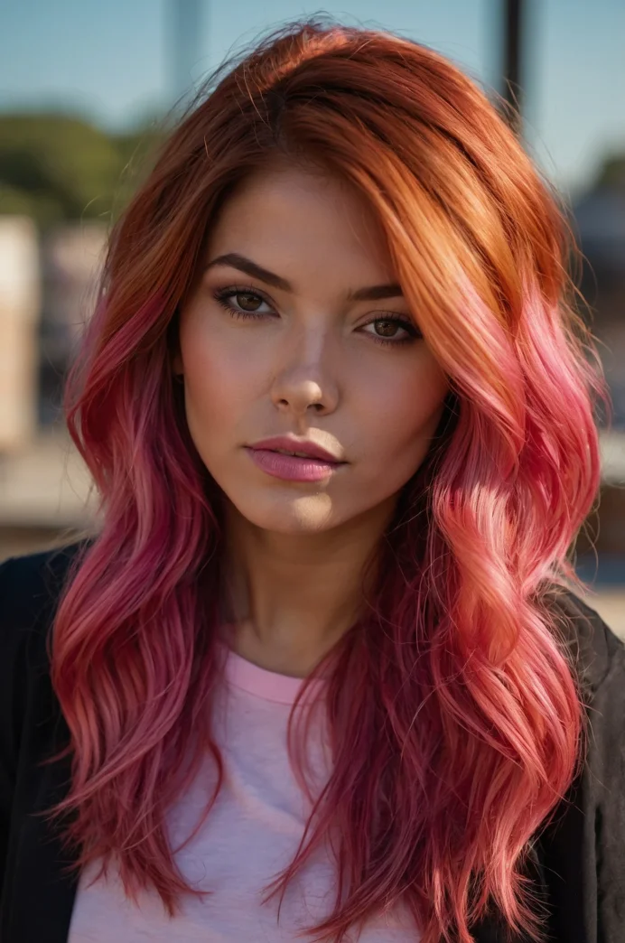 Pink Hair with Red and Orange Peekaboo Highlights