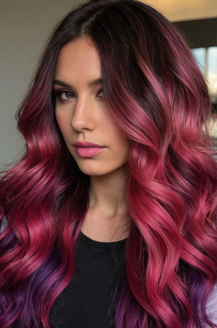 Pink Hair with Red and Purple Balayage