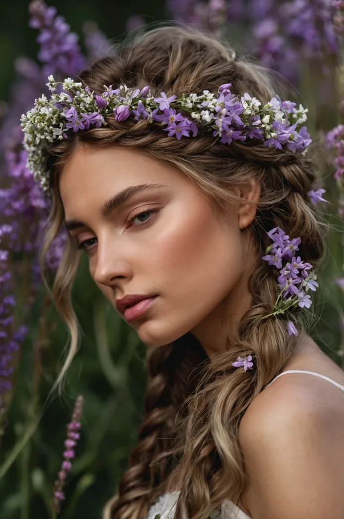 Pull-Through Braid with Floral Crown and Loose Waves