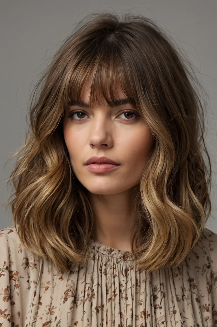 Textured Lob with Curtain Bangs and Balayage