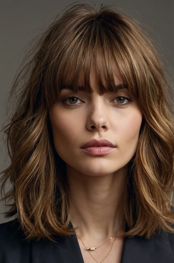 Textured Lob with Curtain Bangs and Highlights