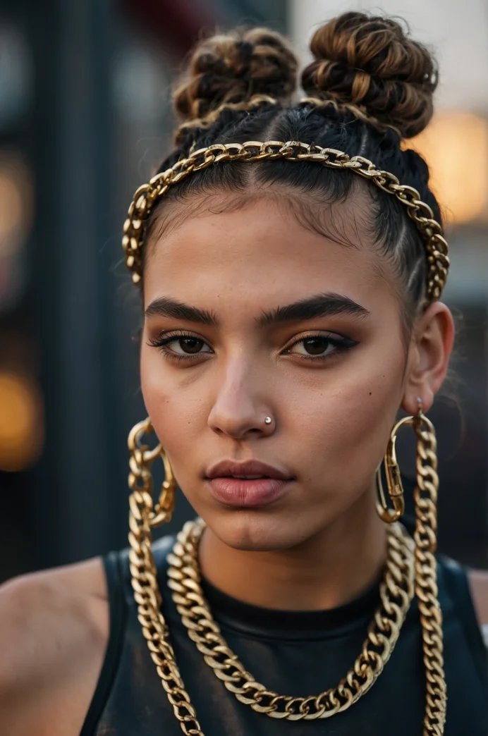 Low Space Buns with Chain Details