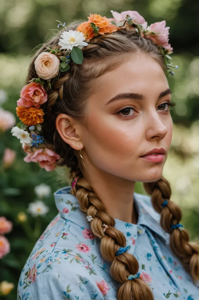 Space Buns with Floral Braids and Ribbons