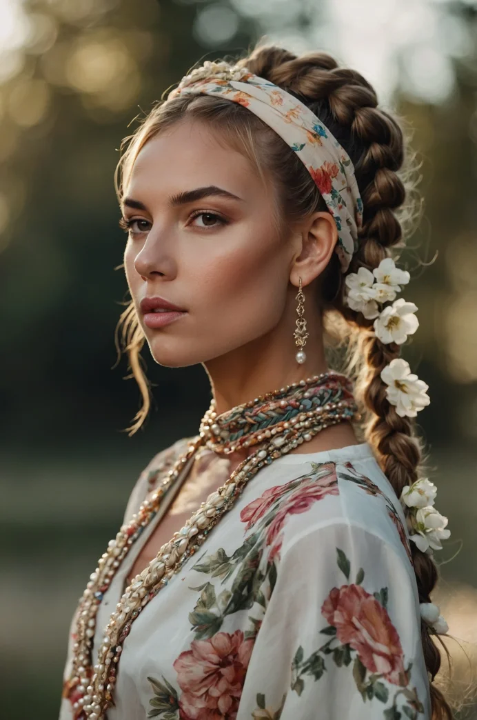 High Ponytail with Floral Highlights and a Headscarf
