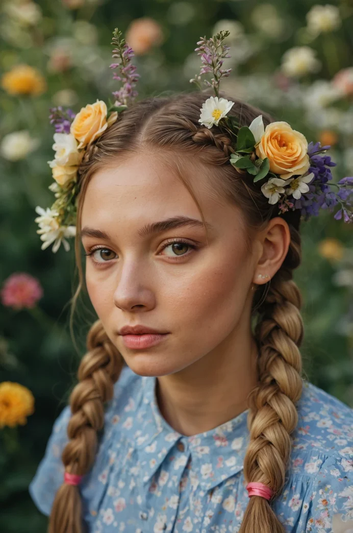 Pigtails with Floral Braids and Ribbons