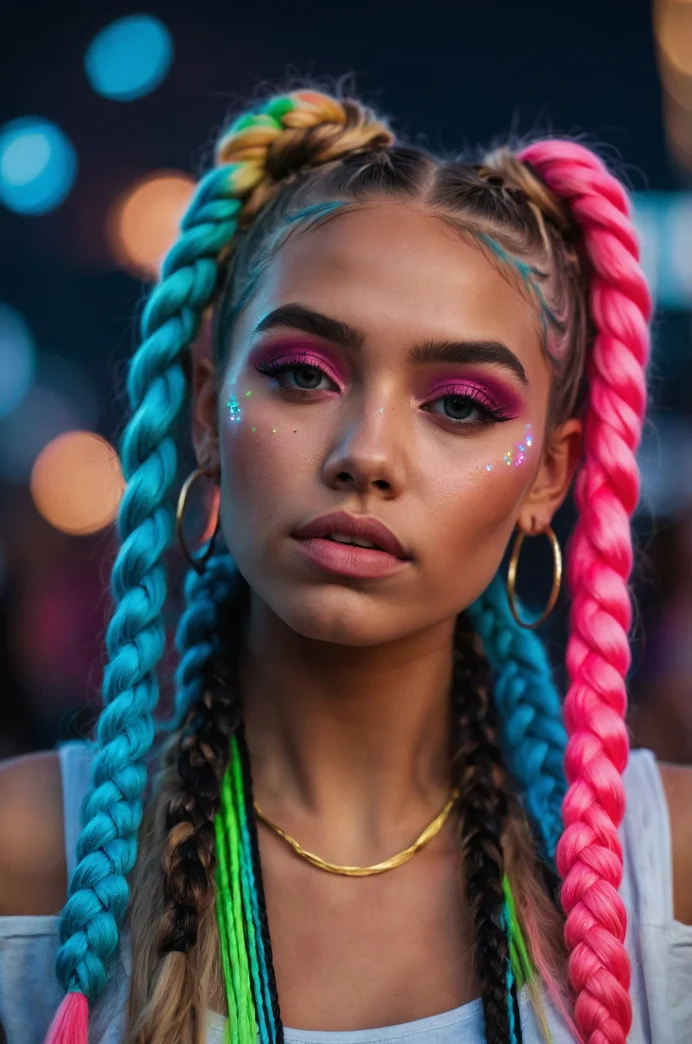 High Space Buns with Neon Braids and Glitter