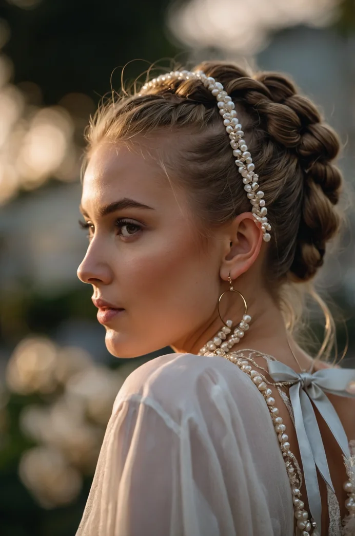 Low Space Buns with Pearl Braids and Velvet Ribbons