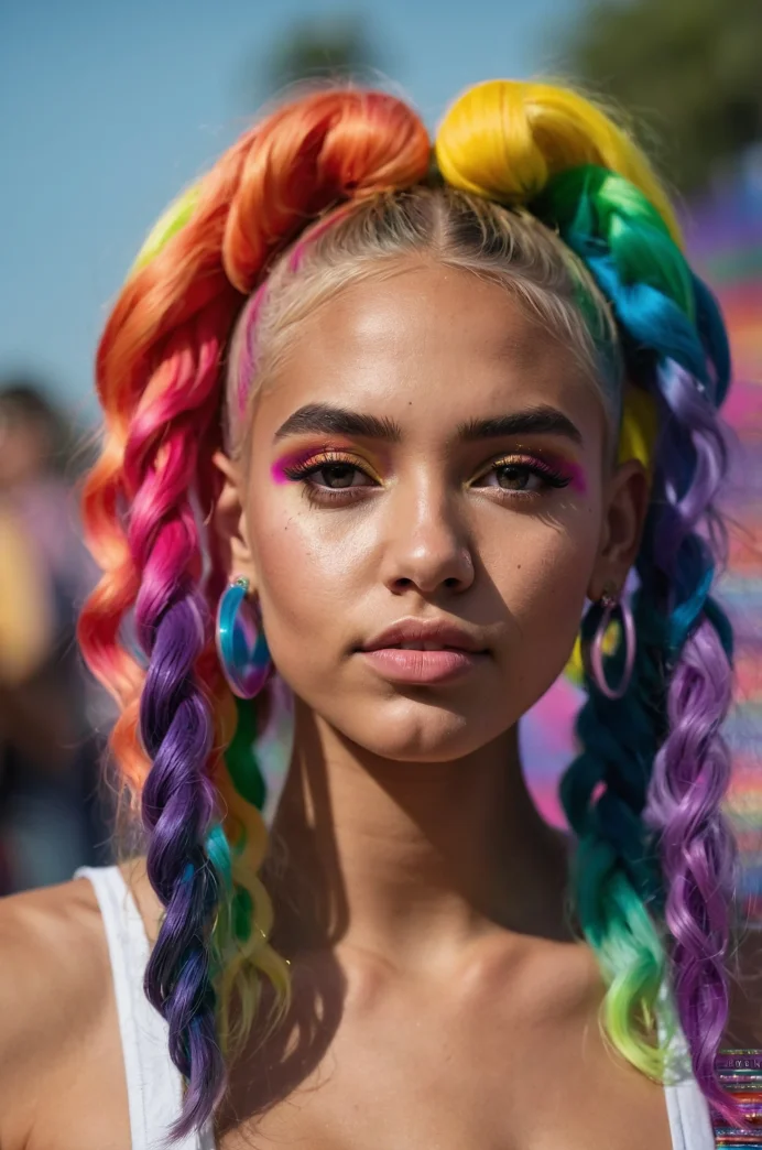 High Space Buns with Rainbow Extensions