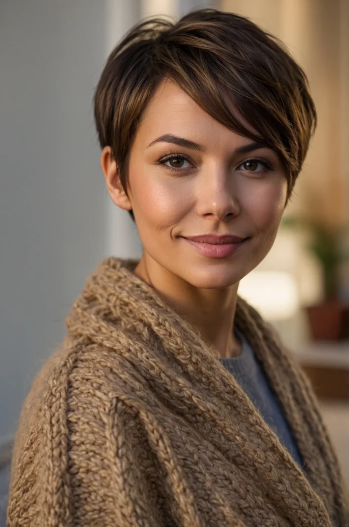 The Brunette Pixie with Caramel Highlights
