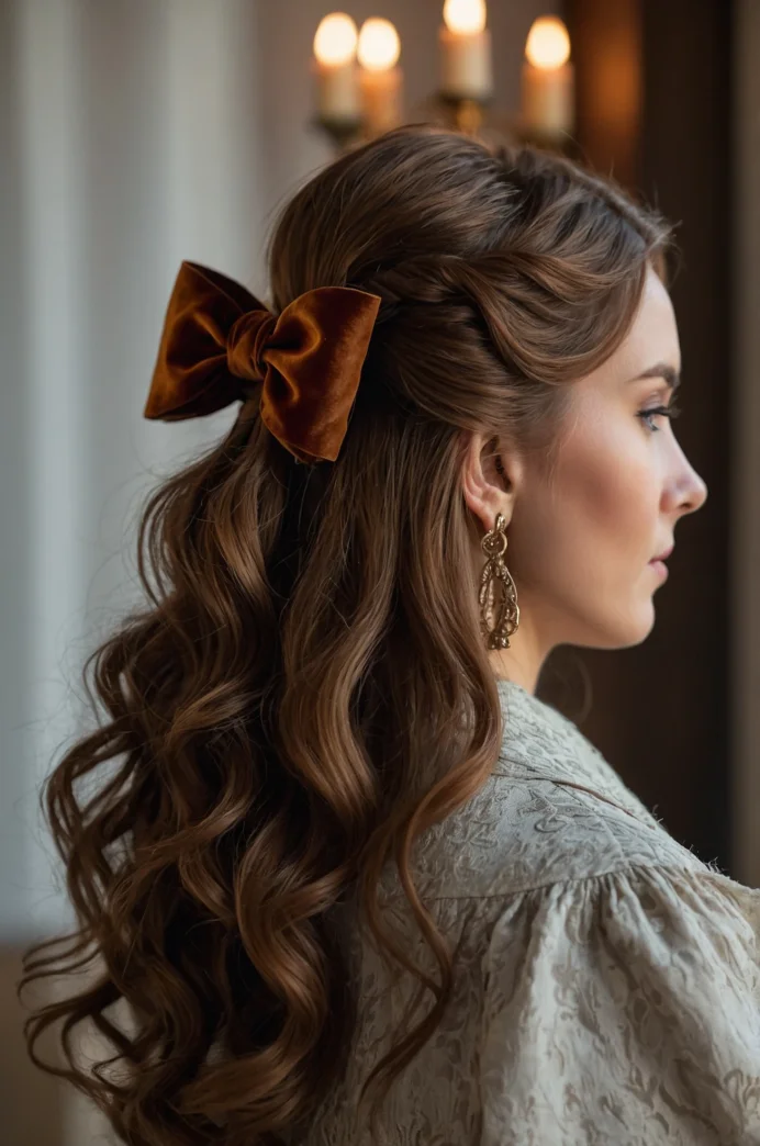 Chestnut Brown Half-Up with a Velvet Bow