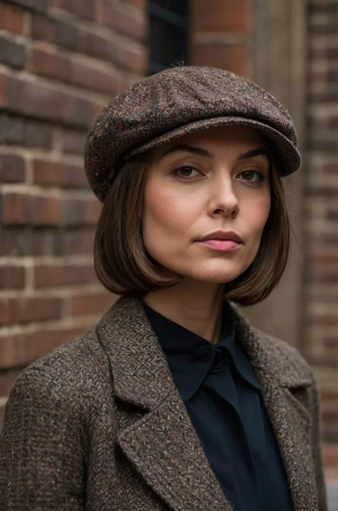 Chocolate Brown Bob with a Tweed Hat