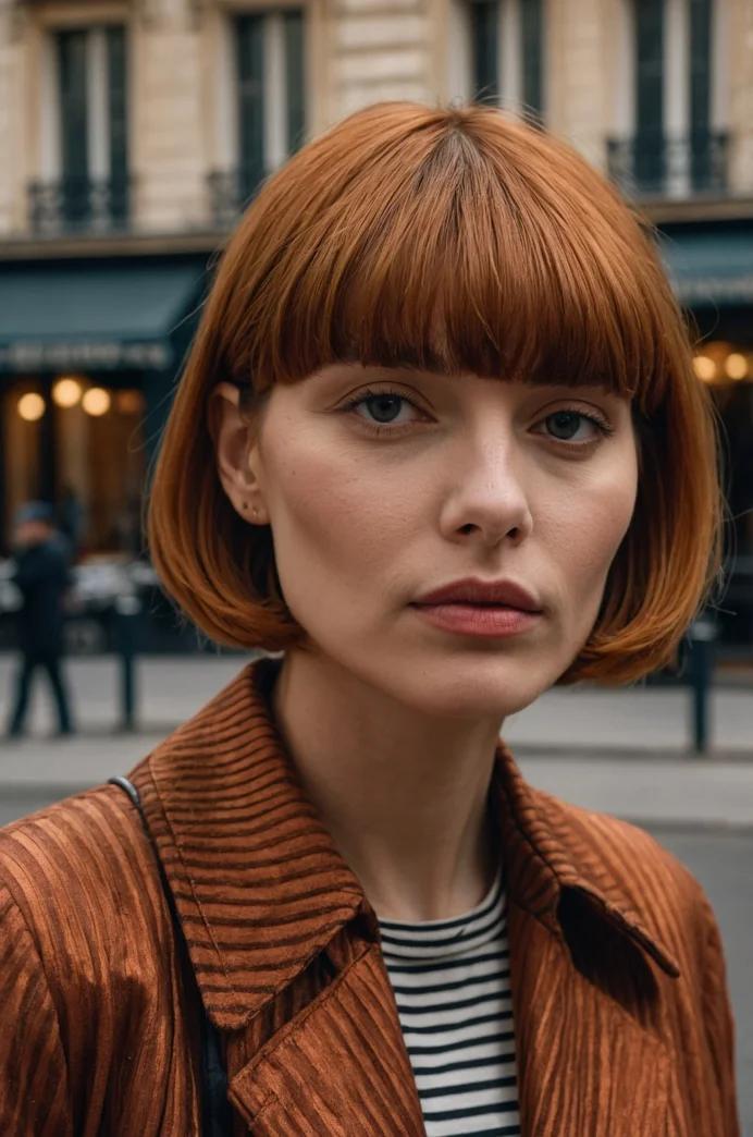 Copper French Bob with a Blunt Fringe