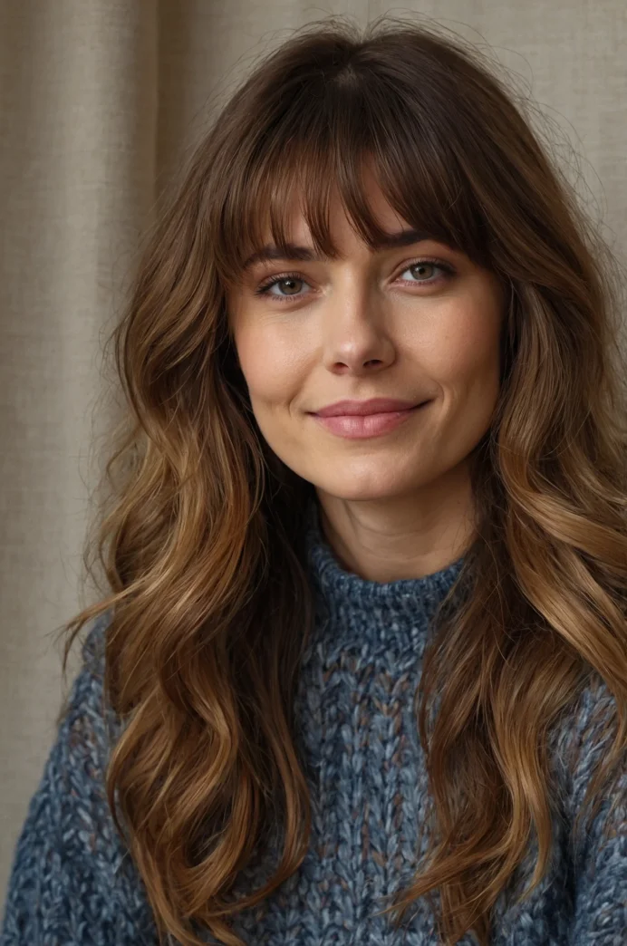 Curtain Bangs on a Long Layered Cut