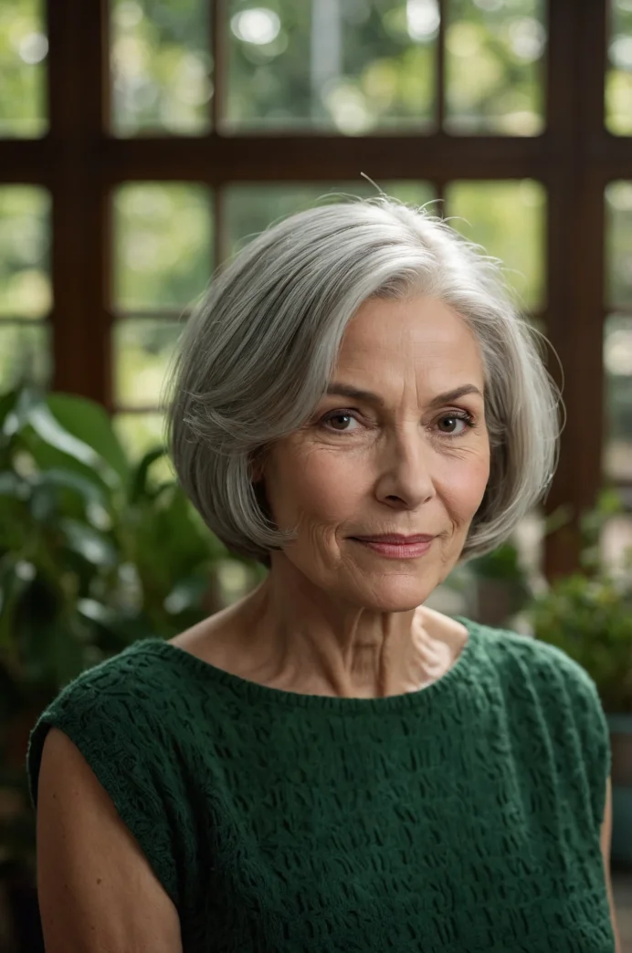 The Elegant Silver Bob with Side-Swept Bangs