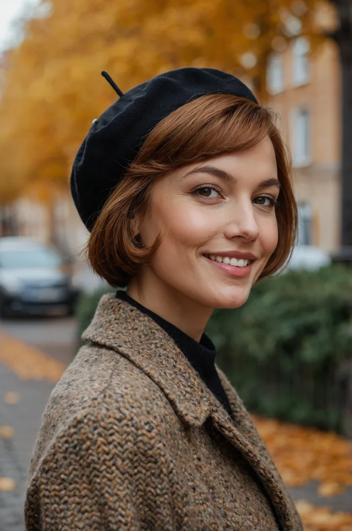Warm Auburn Classic Bob with a Beret