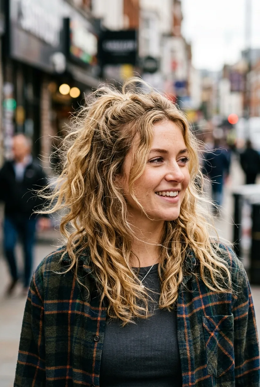 Woman with 90s-inspired half-up hairstyle featuring textured waves below