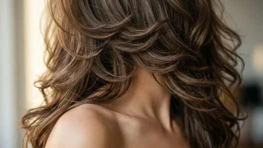 Voluminous 90s-inspired layered hair showing dramatic feathered texture and movement over bare shoulder