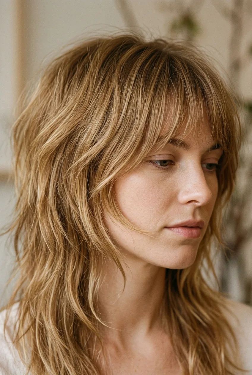 Close-up of shag layers adapted to face shape showing how cut flatters and frames