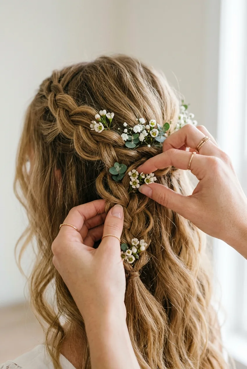 Hands carefully placing small delicate flowers into braided sections as decorative accents