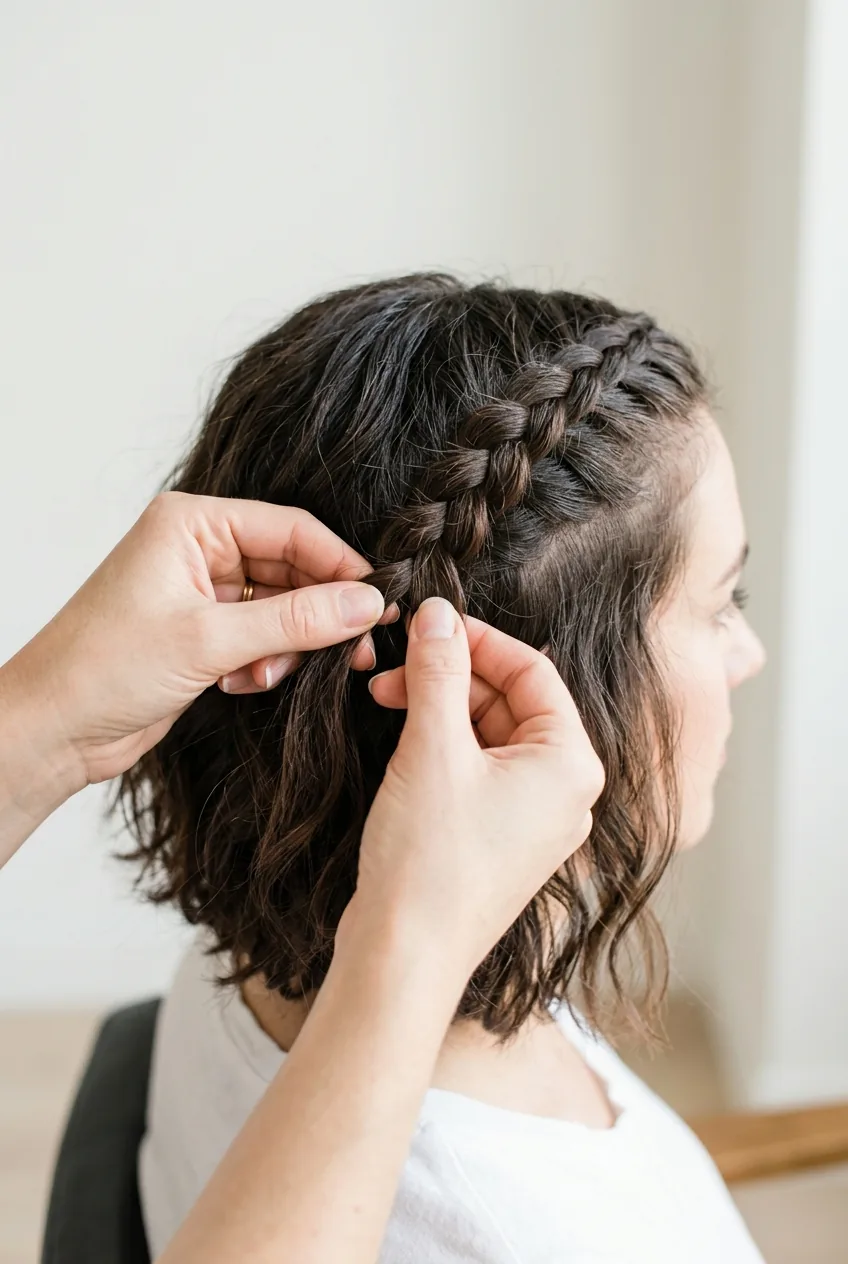 Detailed shot of hands incorporating small hair wisps into existing braid on short bob