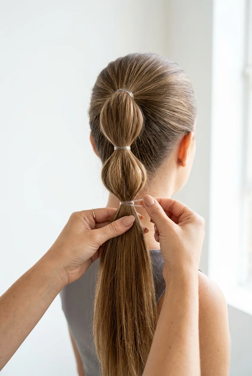Hands placing multiple clear elastics down ponytail to form bubble pattern