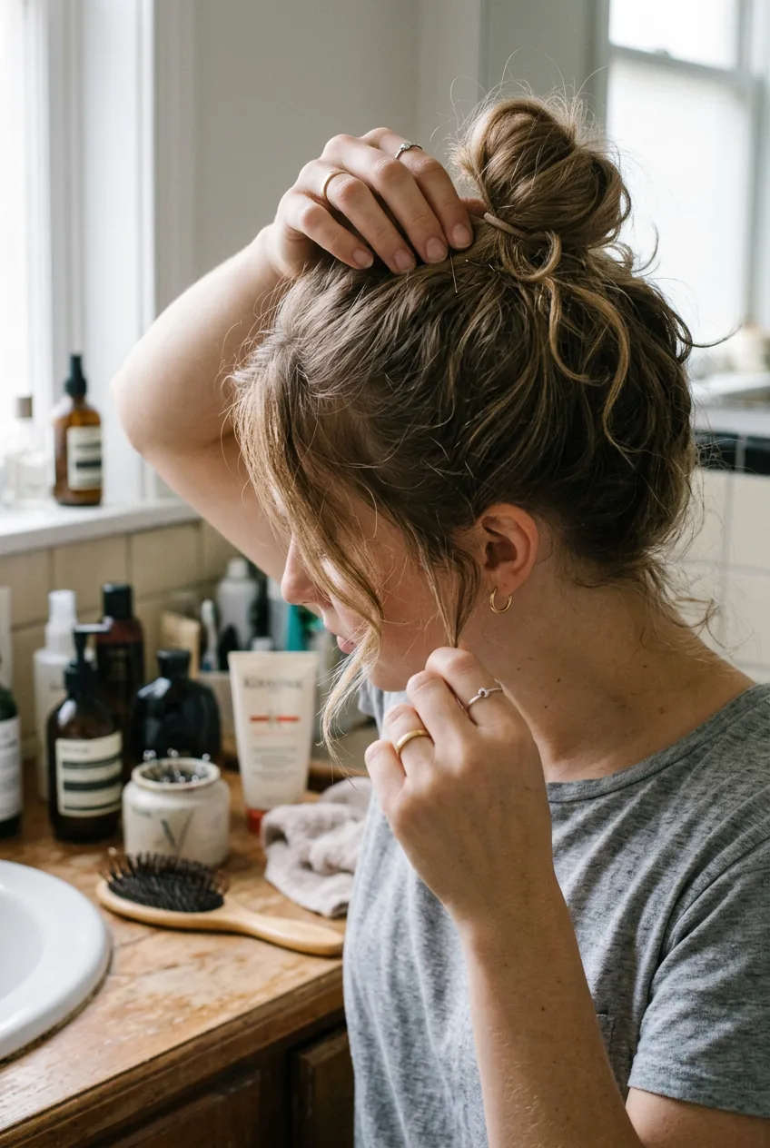 Close-up of hands adjusting loose messy bun and pulling out face-framing pieces