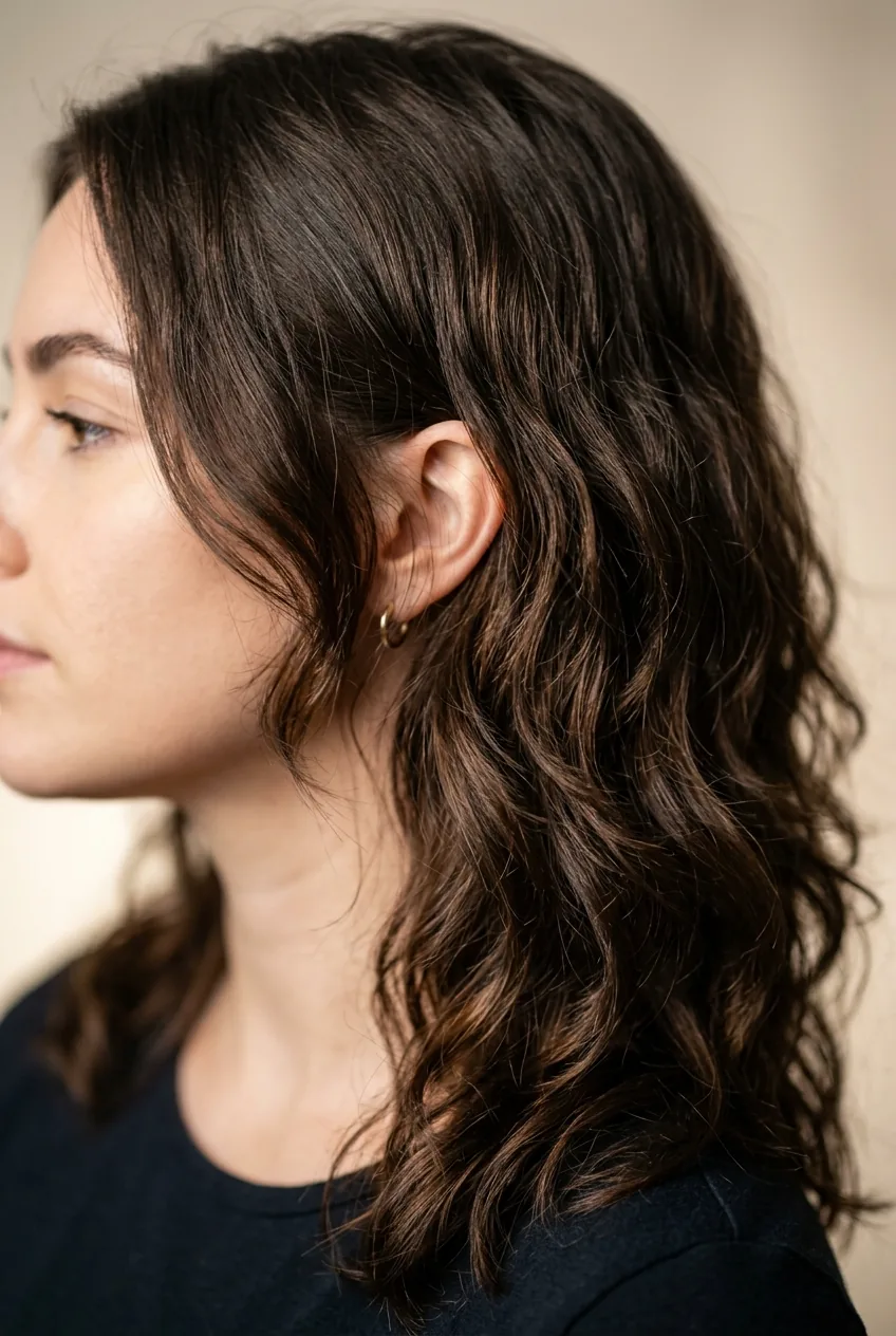 Air-dried mid-length hair with enhanced layers showing natural wave pattern and texture