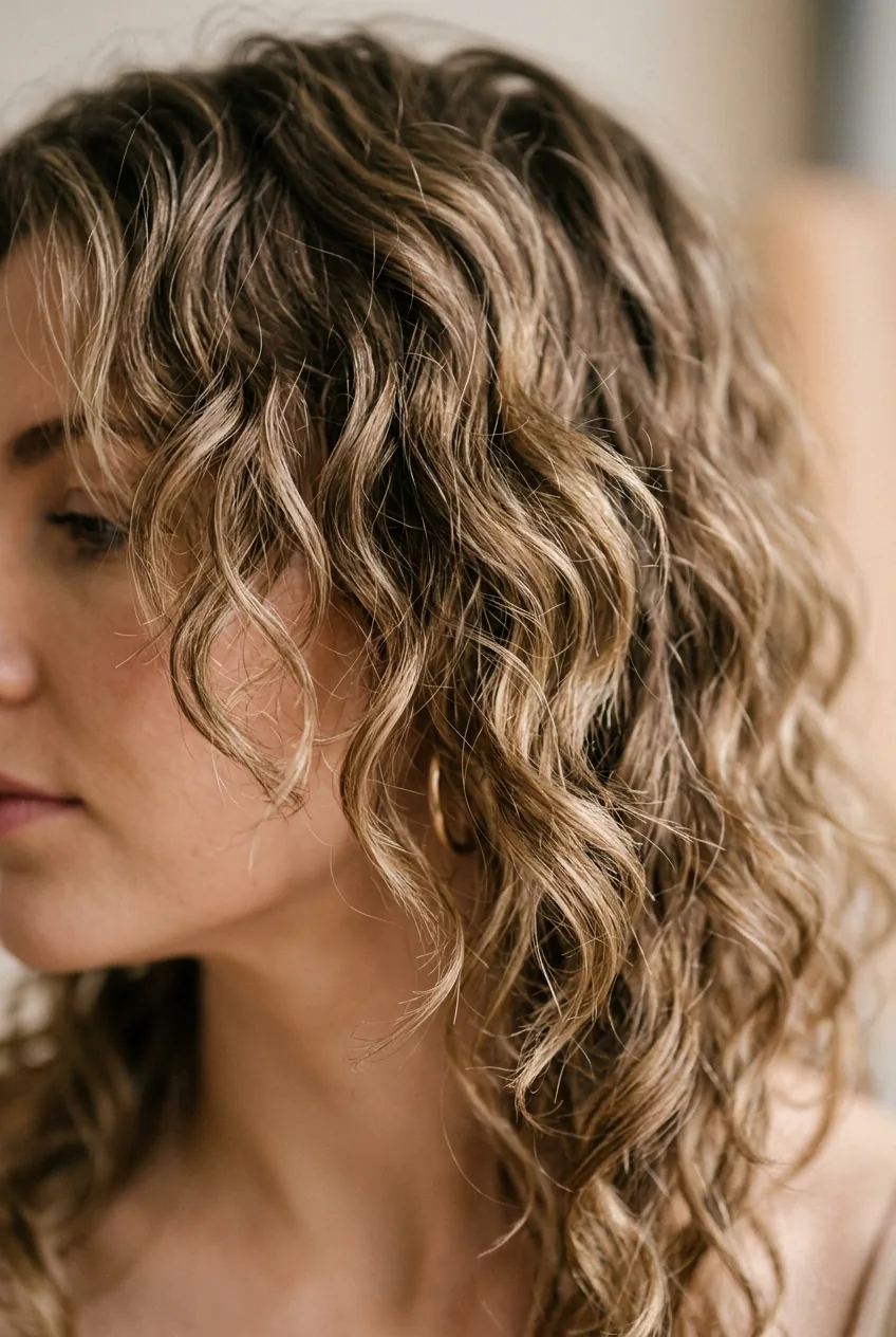 Natural air-dried shag haircut showing effortless waves and textured movement detail