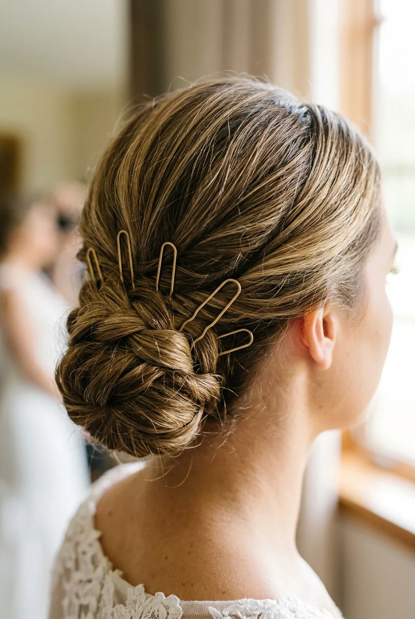 Close-up detail of anchor bobby pins placed strategically in low bridal bun for structural support