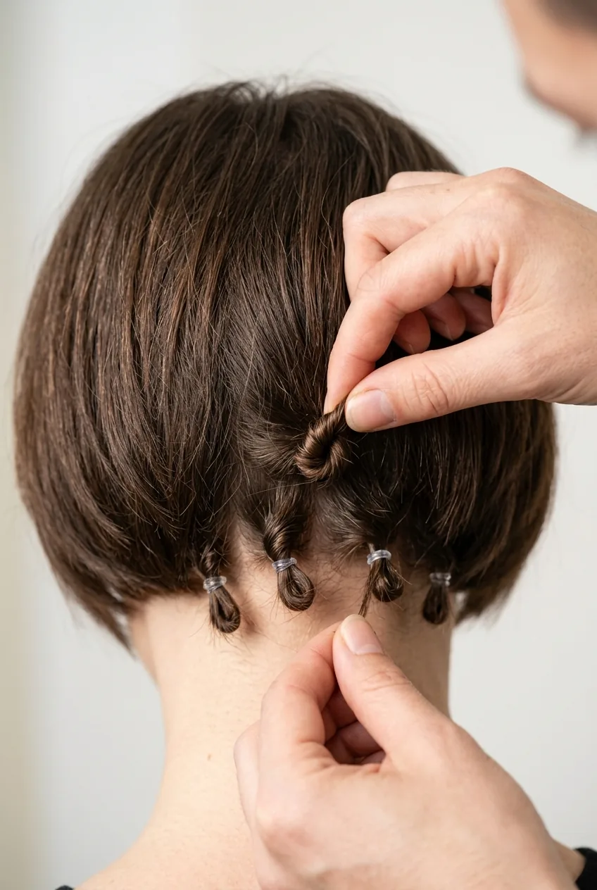 Close-up of fingers creating twisted anchor points in short brown bob with clear elastic bands