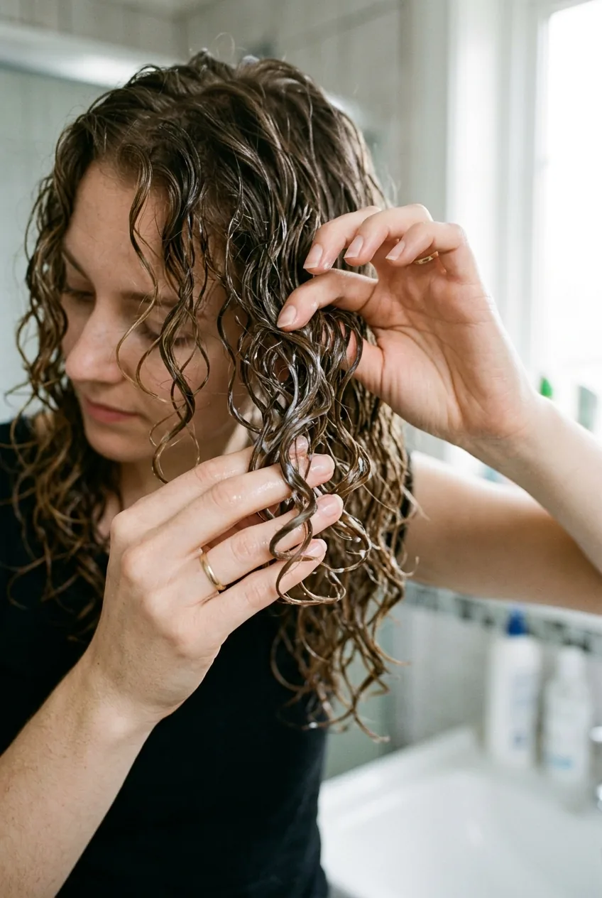 Close-up of hands scrunching lightweight curl cream through thin wet curls
