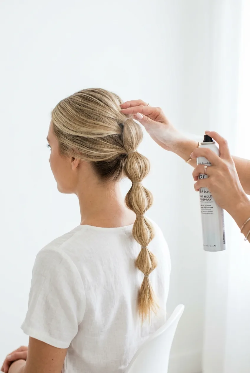 Hands applying light hairspray mist to completed bubble ponytail style