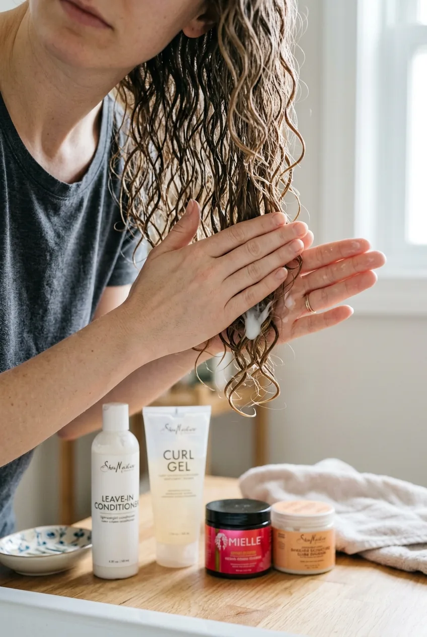 Hands applying leave-in conditioner to damp thin curly hair using praying hands method