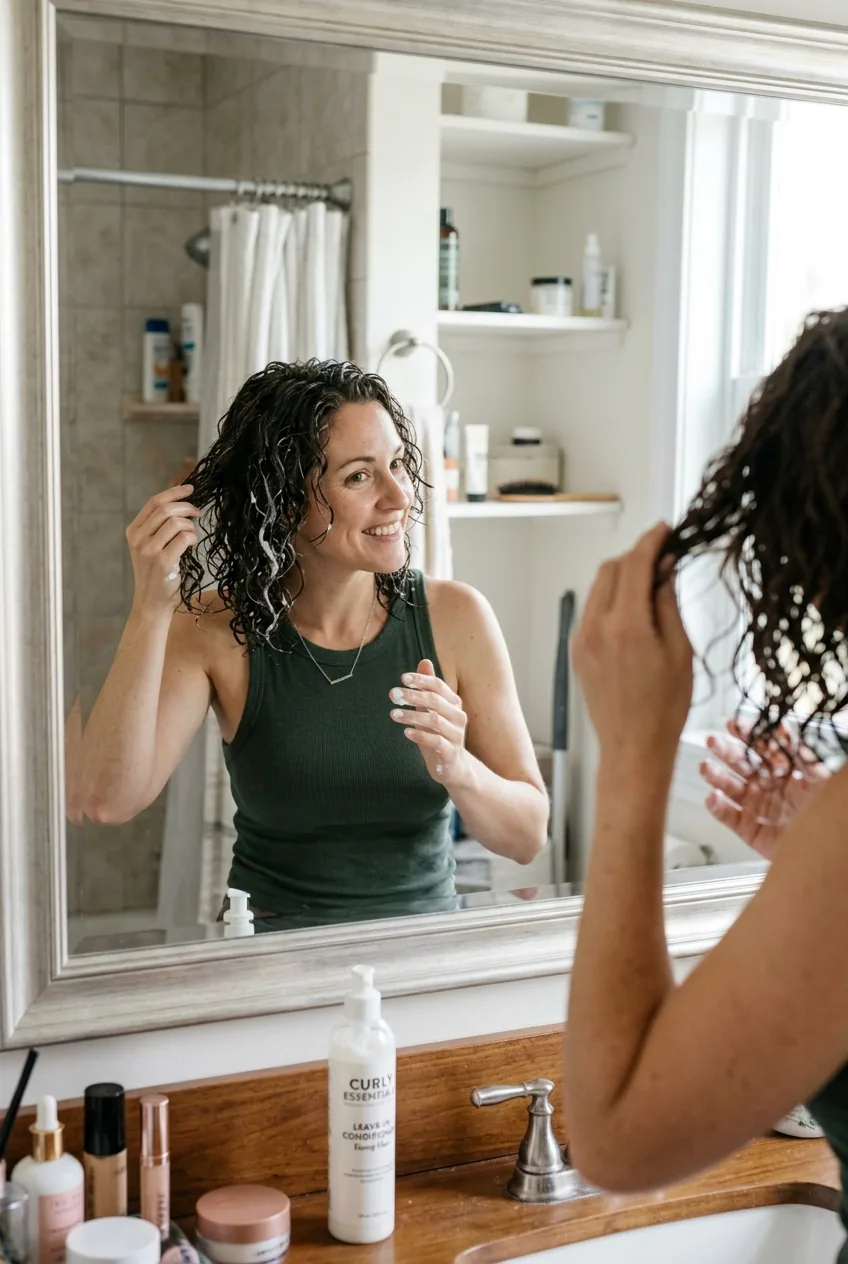 Hands applying leave-in conditioner to damp layered curly hair sectioned with fingers