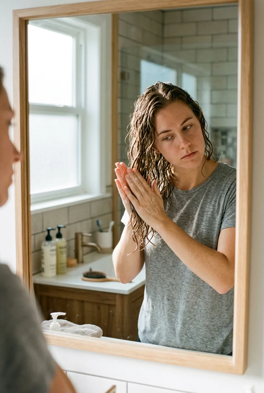 Hands applying leave-in conditioner to wet wavy hair using praying hands technique