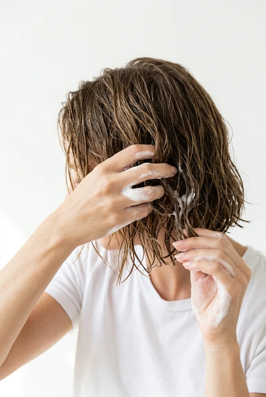 Hands scrunching texturizing mousse through damp bob-length hair strands during styling process