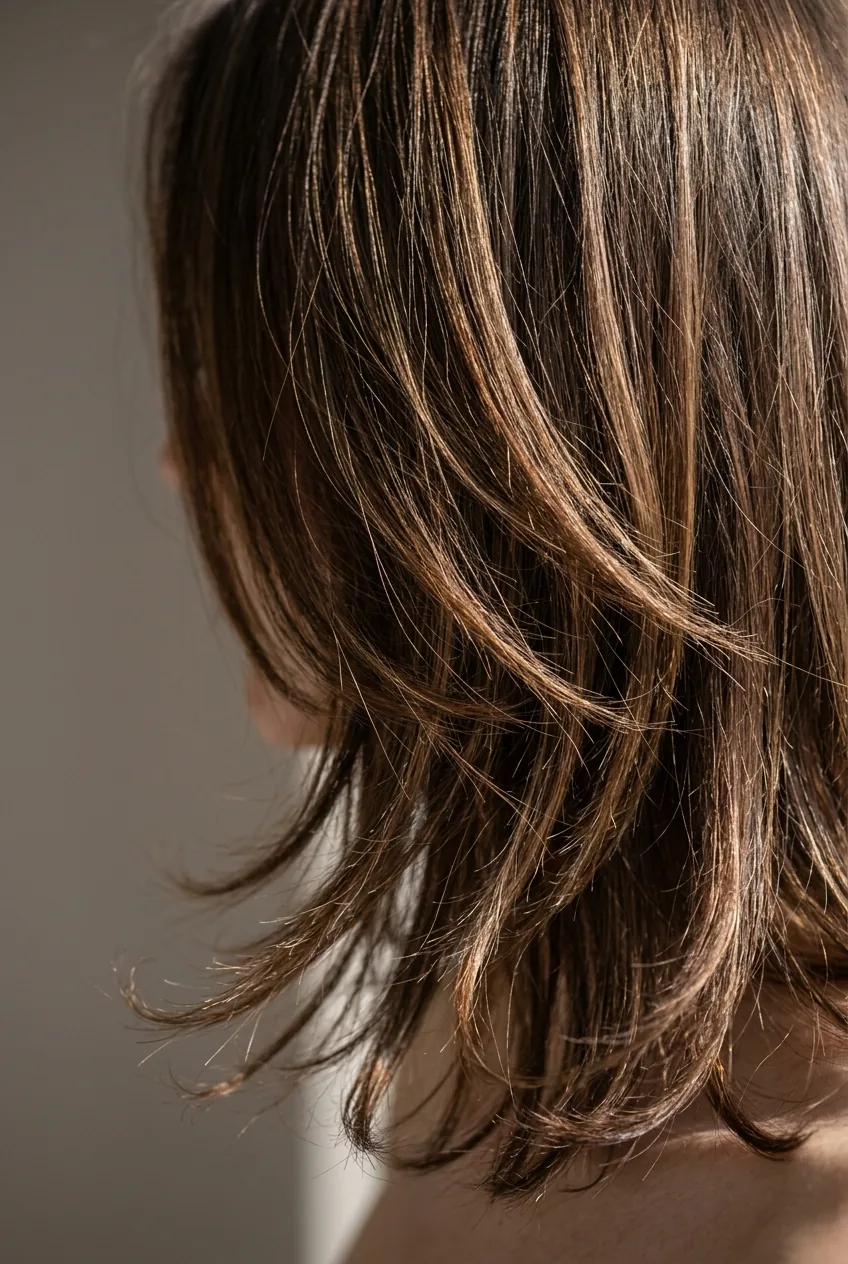 Close-up artistic view of layered hair texture at shoulder length with dramatic side lighting