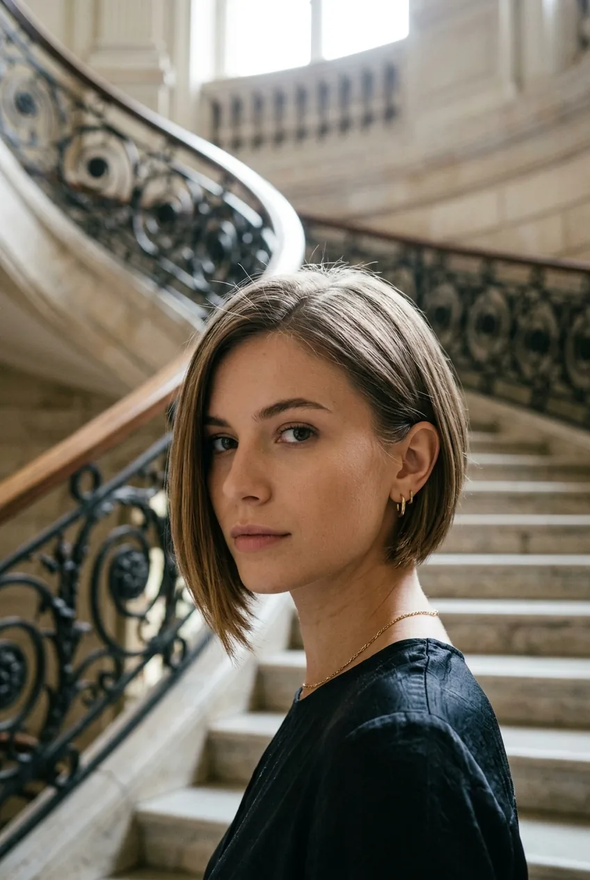 Woman with asymmetrical bob hairstyle with one side tucked behind ear