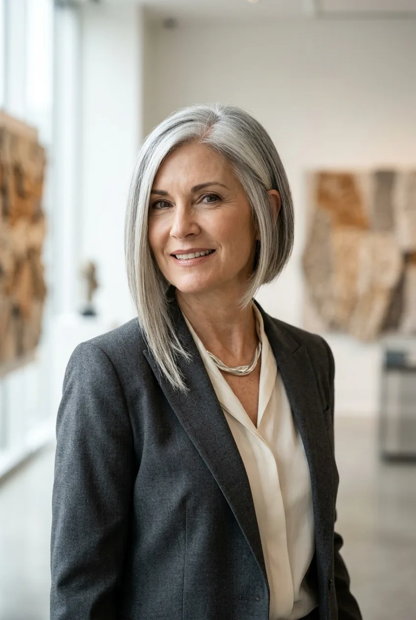 Asymmetrical bob with longer side creating diagonal line and modern edge on mature woman