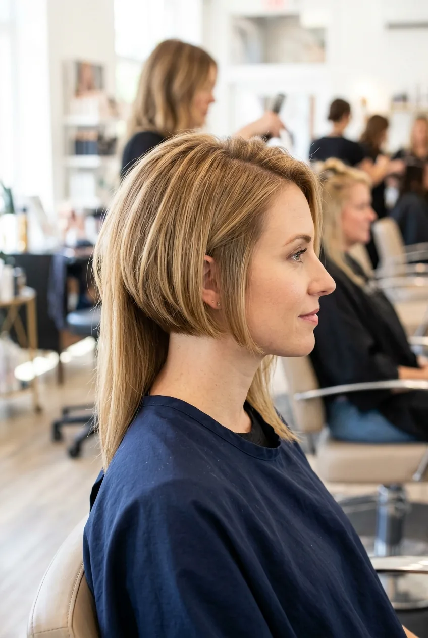 Asymmetrical bob with graduated sides showing intentional length difference in profile