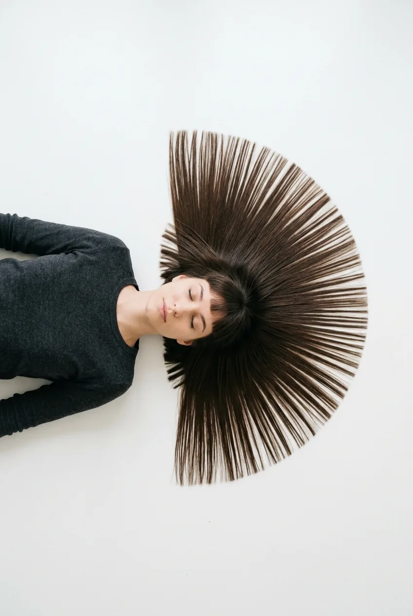Asymmetrical bob haircut with shorter left side and longer right pieces in overhead view