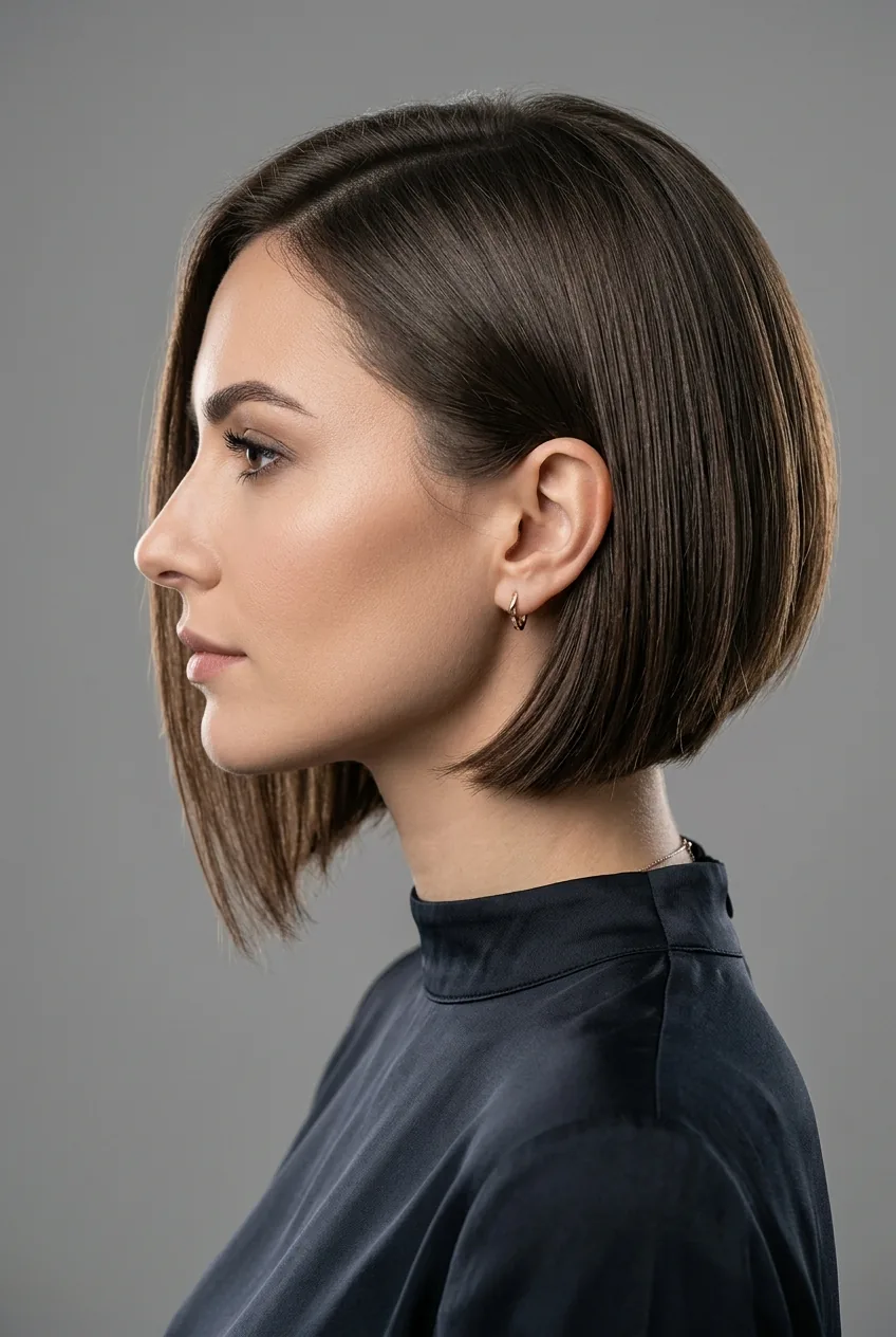 Woman with asymmetrical bob haircut showing subtle length difference between sides in profile view