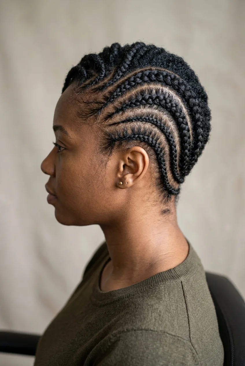 Asymmetrical cornrow design on short natural hair with bold curved pattern