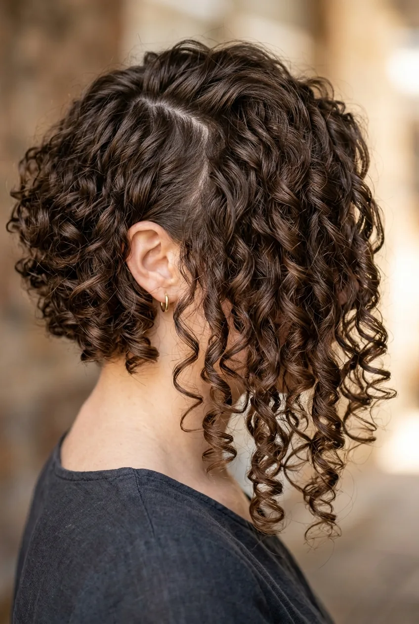 Asymmetrical curly bob with one side shorter showing natural curl bounce in chocolate brown