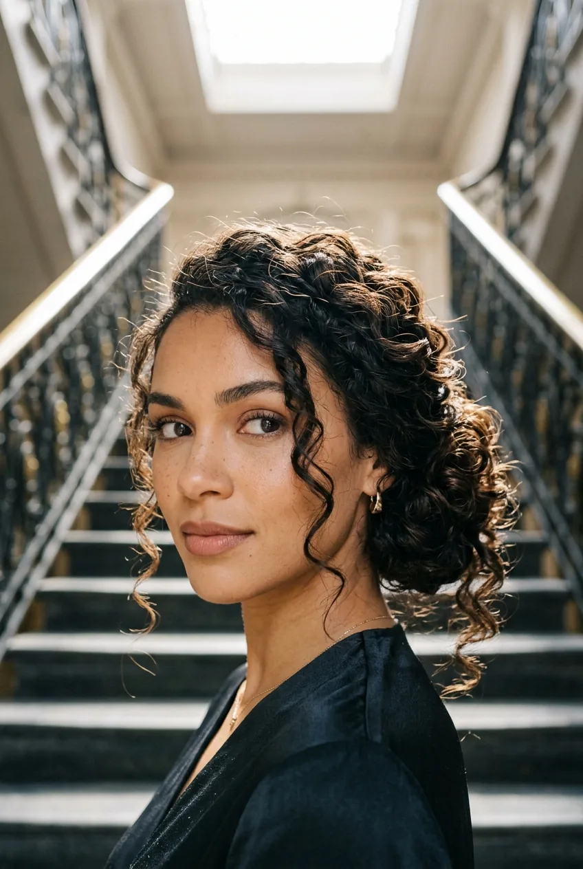 Woman with curls pinned asymmetrically to one side with face-framing tendrils