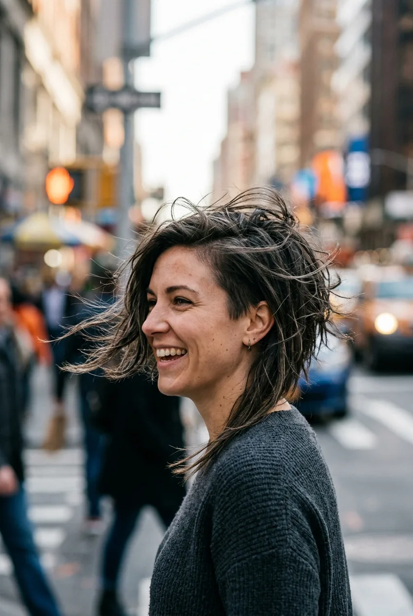 Woman with asymmetrical cut showing dramatic uneven length and angle