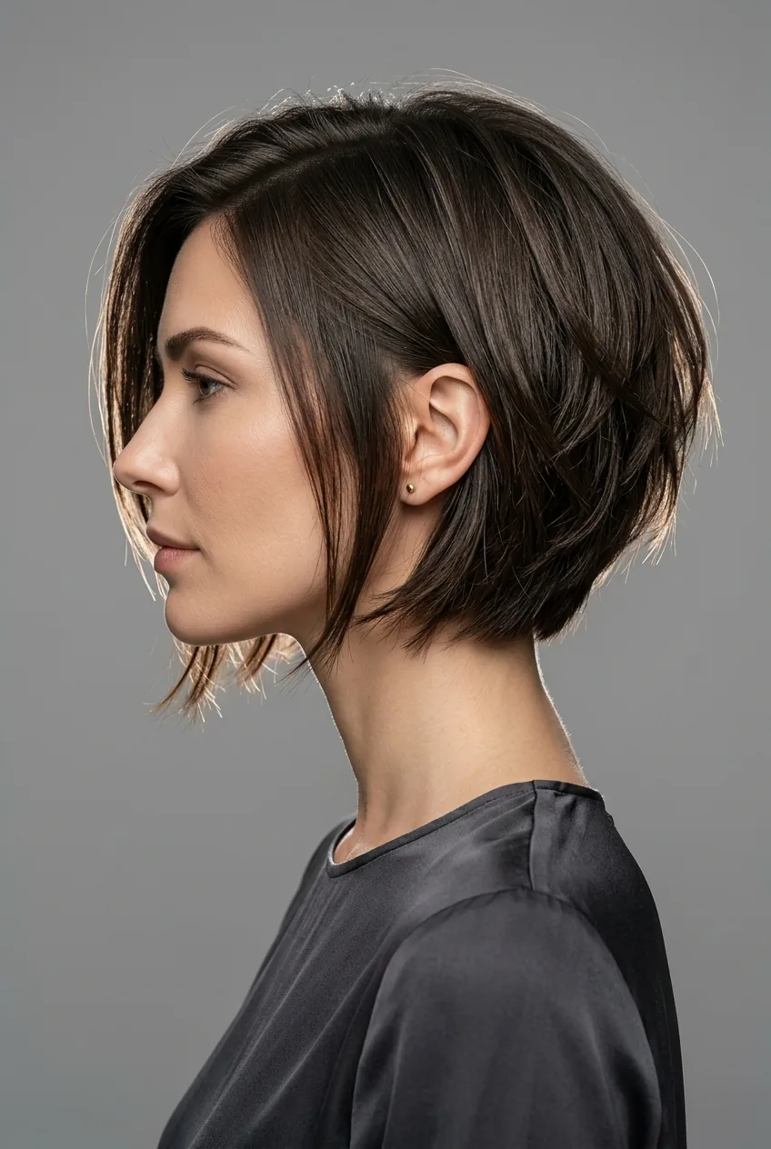 Woman with subtle asymmetrical layered bob showing one side with more layers than other