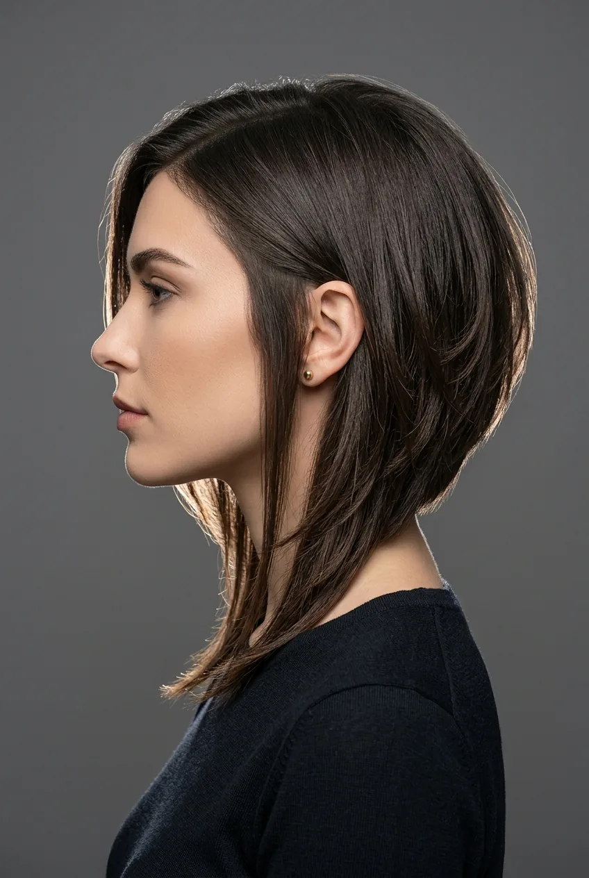 Woman with asymmetrical layered lob showing dramatic length variation and graduated cut