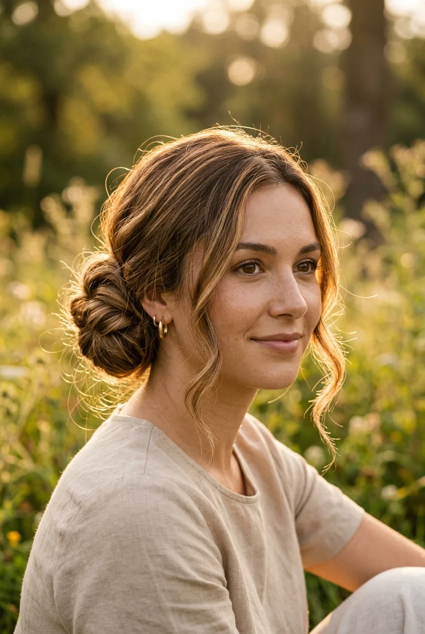 Woman with asymmetrical low bun positioned behind one ear showing side profile