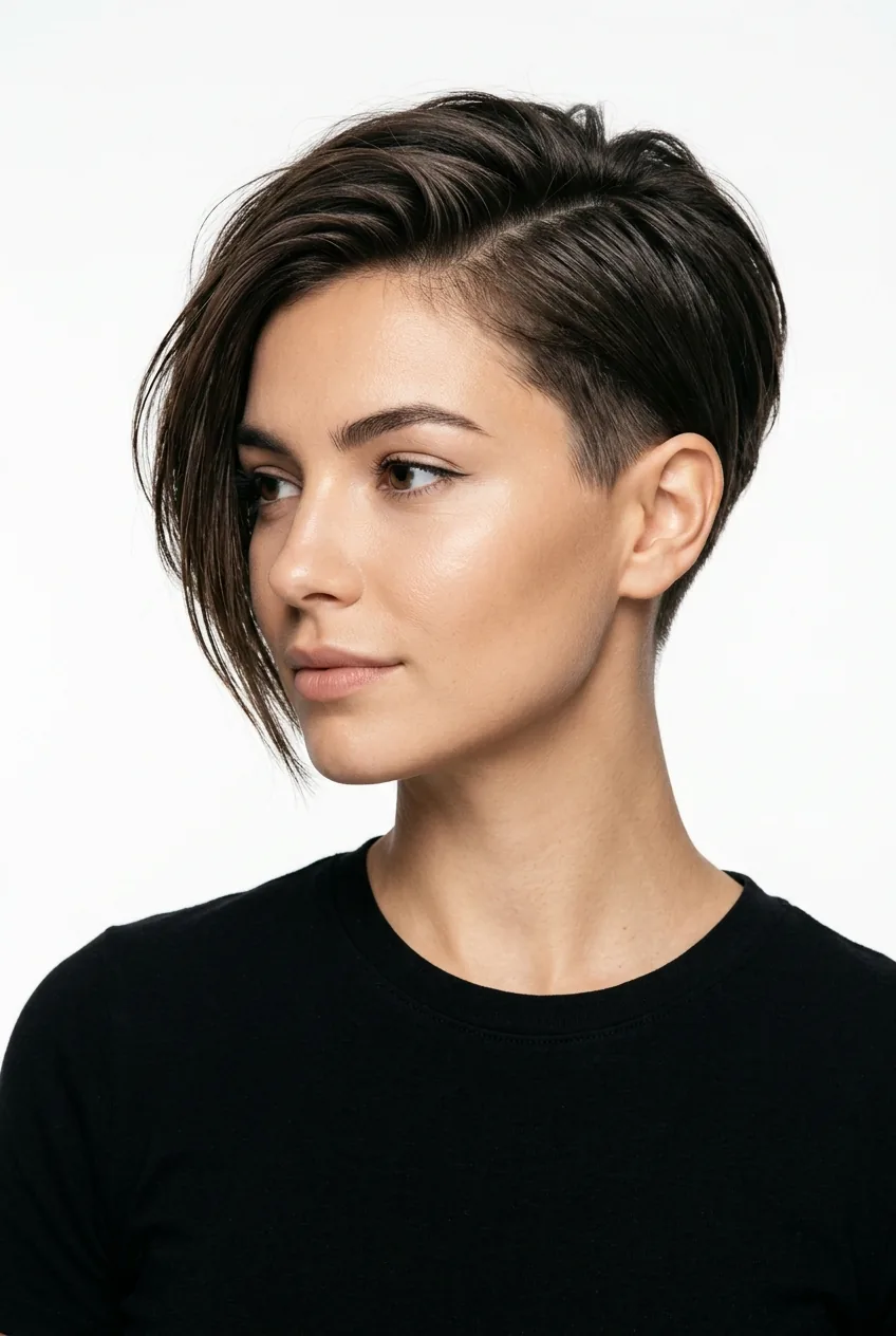 Woman with asymmetrical pixie cut featuring long side-swept section over cheekbone